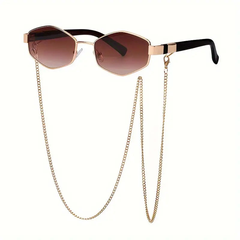 Polygon Metal Fashion GlassesFor Women Vintage Hiphop Fashion Anti Glare Sun Shades Costume Party Glasses With Glasses Chain