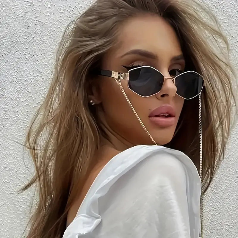 Polygon Metal Fashion GlassesFor Women Vintage Hiphop Fashion Anti Glare Sun Shades Costume Party Glasses With Glasses Chain