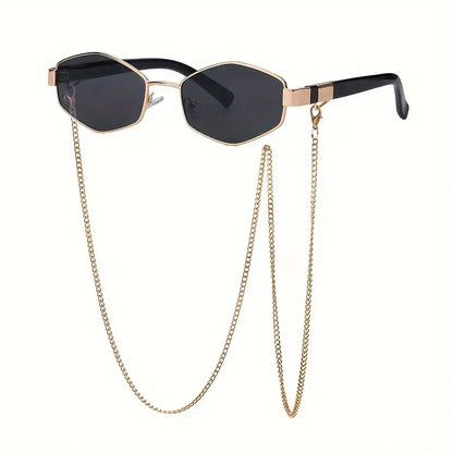 Polygon Metal Fashion GlassesFor Women Vintage Hiphop Fashion Anti Glare Sun Shades Costume Party Glasses With Glasses Chain