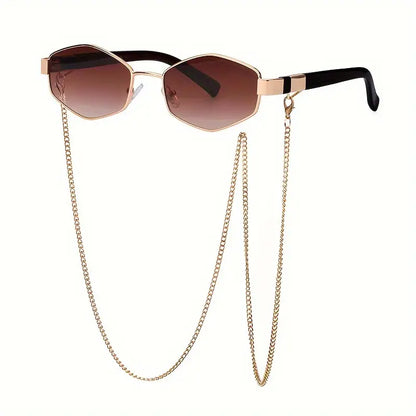 Polygon Metal Fashion GlassesFor Women Vintage Hiphop Fashion Anti Glare Sun Shades Costume Party Glasses With Glasses Chain