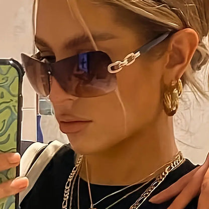 Retro Rimless Glasses, Gradient Lens Wrap Around Fashion Sun Shades, Cycling Beach Party Eyewear, For Women