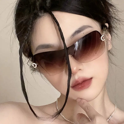 Retro Rimless Glasses, Gradient Lens Wrap Around Fashion Sun Shades, Cycling Beach Party Eyewear, For Women