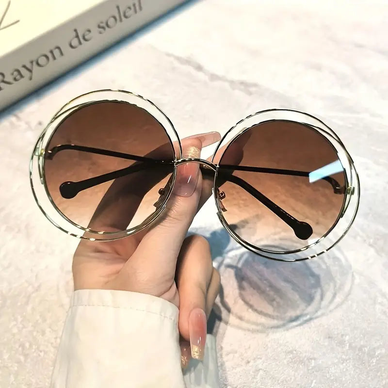 Women's Fashion Oversized Round Frame Glasses, Composite Frame, PC Lenses, Ideal For Hiking